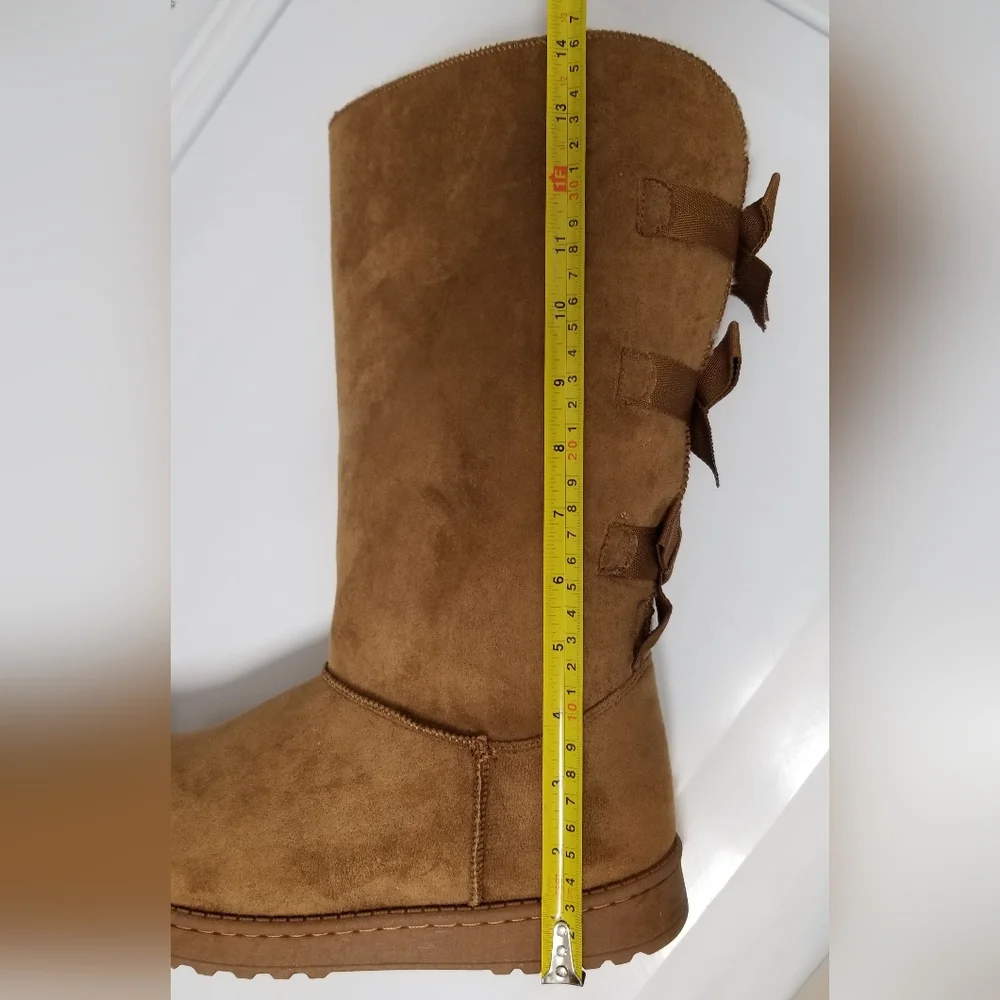Suede Leather & Fur Lined Tall Boot Triple Bow Caramel Brown Sz 9 NWOT